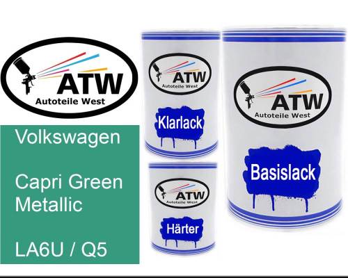 Volkswagen, Capri Green Metallic, LA6U / Q5: 500ml Lackdose + 500ml Klarlack + 250ml Härter - Set, von ATW Autoteile West.